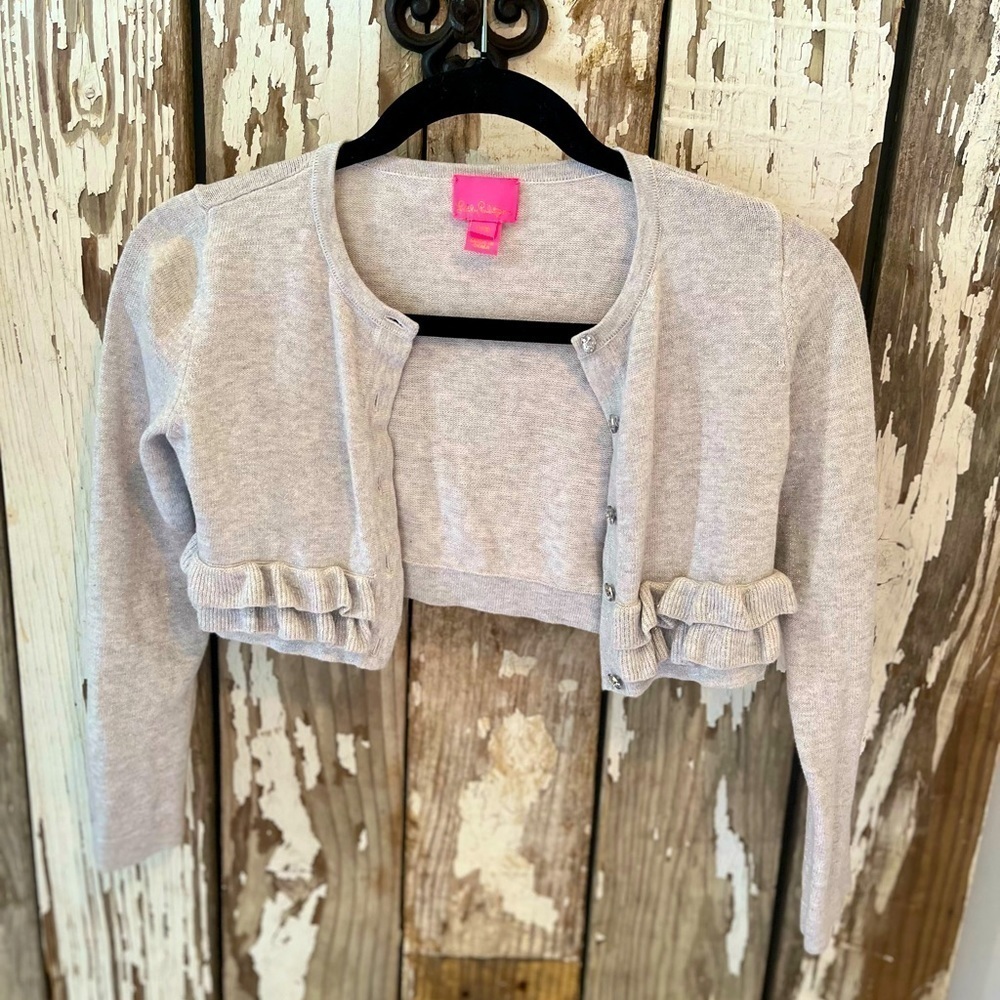 Lilly Pulitzer Girls cropped Cardigan Silver Metallic buttons w/ ruffles size L